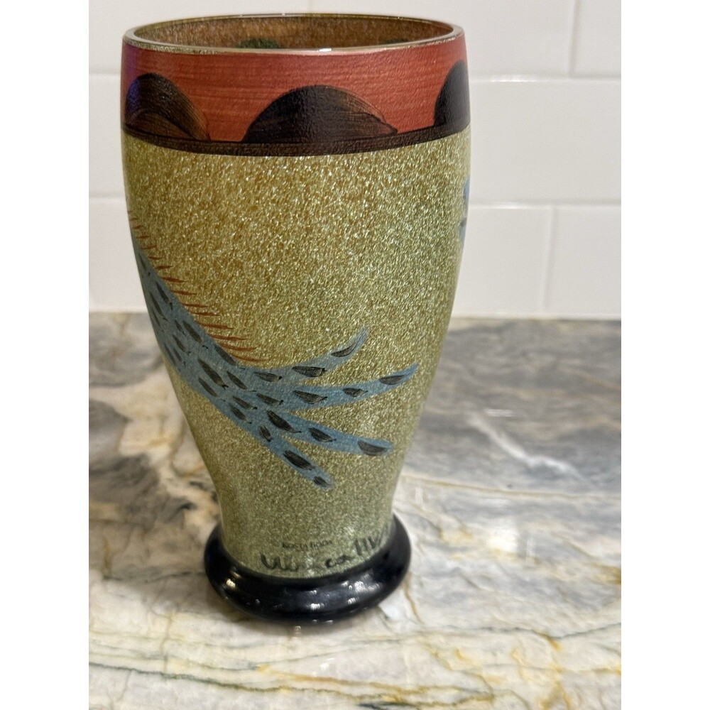 Rare Vintage 1990s Ulrica Hydman Vallien Signed Kosta Boda Vase Fish Painted